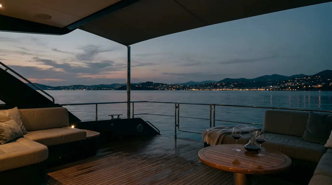 Blick vom Achterdeck einer Privatyacht auf eine Küste in der Abenddämmerung