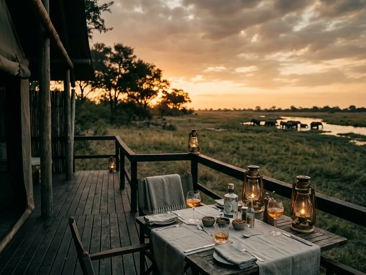 Sundowner mit Messinglaternen auf der Holzterrasse einer Safari-Lodge